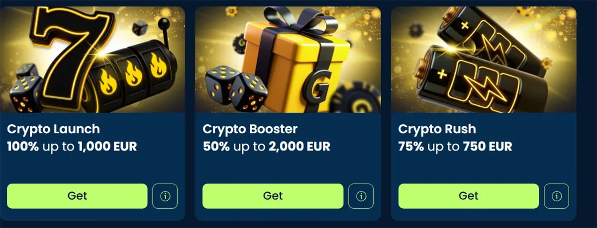 Three crypto bonus cards showing “Crypto Launch 100% up to 1,000 EUR,” “Crypto Booster 50% up to 2,000 EUR,” and “Crypto Rush 75% up to 750 EUR,” each with gold-themed icons and a green “Get” button.