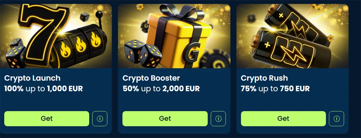 Three crypto bonus cards showing “Crypto Launch 100% up to 1,000 EUR,” “Crypto Booster 50% up to 2,000 EUR,” and “Crypto Rush 75% up to 750 EUR,” each with gold-themed icons and a green “Get” button.