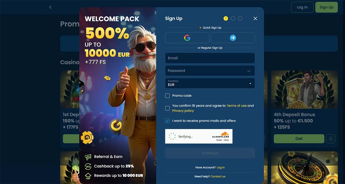 Casino website screenshot with a centred sign-up modal showing a “Welcome Pack 500% up to 10,000 EUR + 777 FS,” a mascot man in sunglasses giving a thumbs-up, quick sign-up options, email/password fields, currency set to EUR, consent checkboxes, and a Cloudflare verification box.