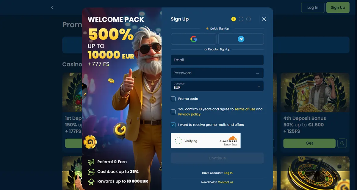 Casino website screenshot with a centred sign-up modal showing a “Welcome Pack 500% up to 10,000 EUR + 777 FS,” a mascot man in sunglasses giving a thumbs-up, quick sign-up options, email/password fields, currency set to EUR, consent checkboxes, and a Cloudflare verification box.